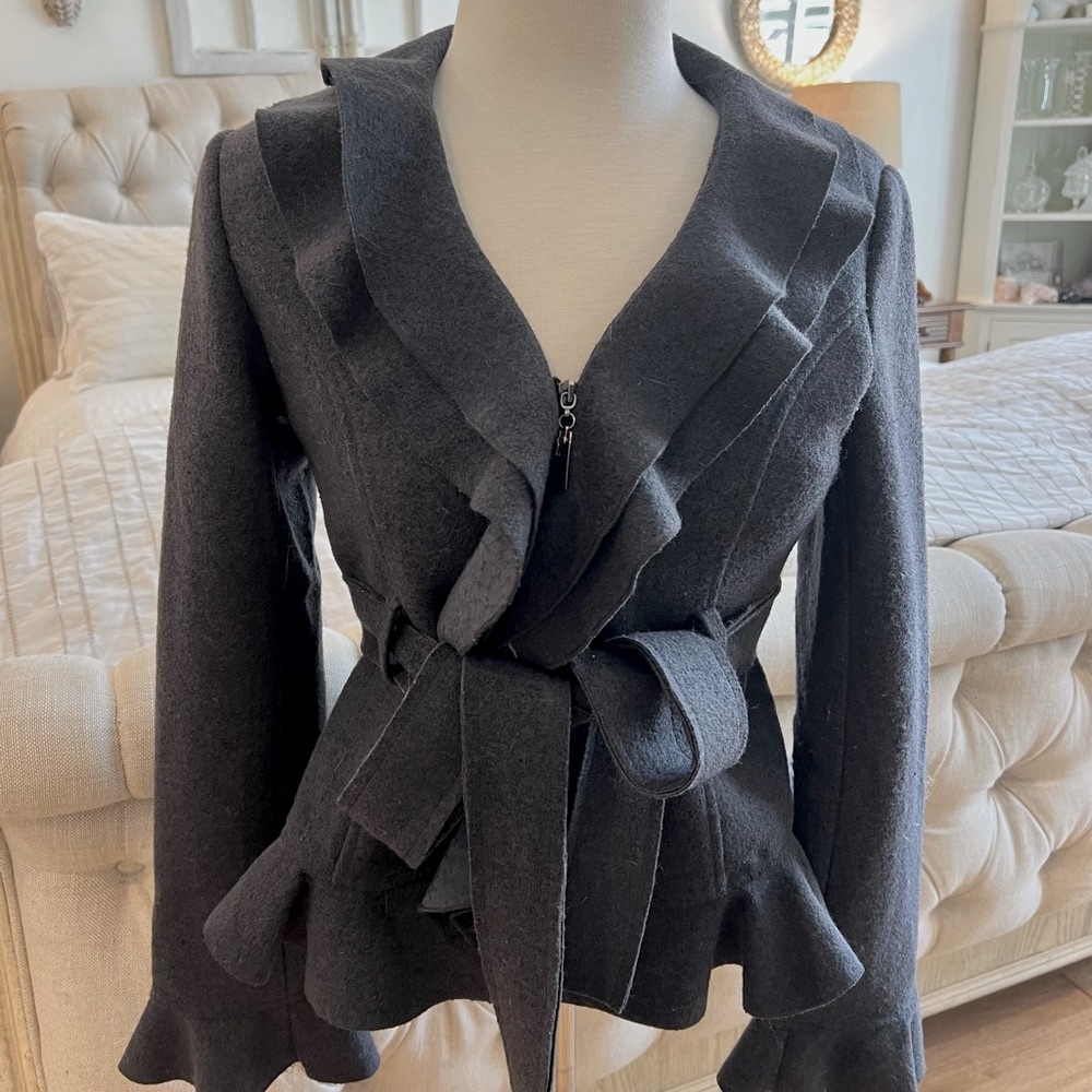 TATA JOLIE - Wool Blend Dark Gray Ruffled & Belted Jacket